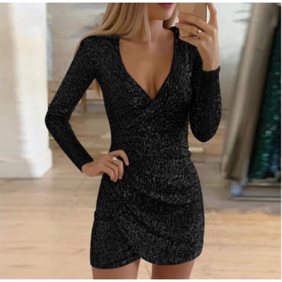 Dresses & Skirts - Black Sequin Surplice Wrap Front Dress Size Large